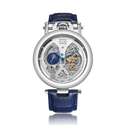 Luckacco DIFFUL Luxury Big Skeleton Dial Mens Watch Moon Phase Tourbillon Leather Men Automatic Watches