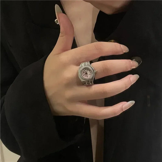 Luckacco Vintage Punk Finger Watch Mini Elastic Strap Alloy Watches Couple Rings Jewelry Clock Retro Roman Quartz Watch Rings Women Men