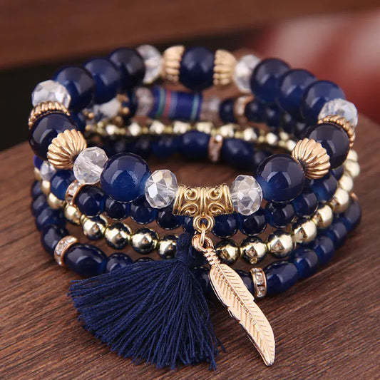Luckacco DIEZI Korean Ethnic Bohemian Crystal Beads Leaves Charm Bracelets For Women Girls Elastic Rope Wrap Bracelet Pulseira Feminina