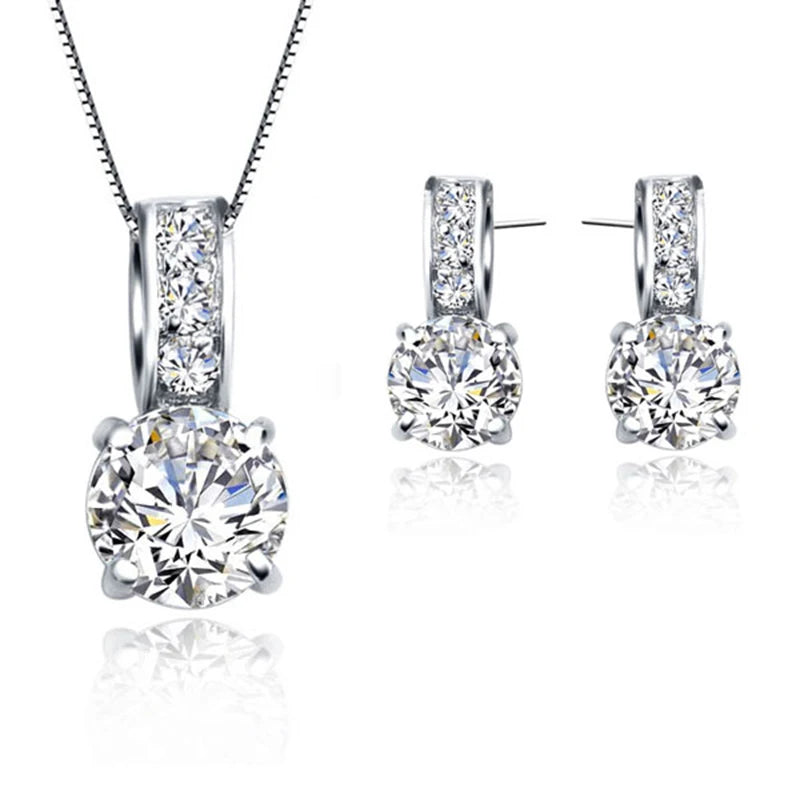luckacco 925 sterling silver color bridal jewelry set classic cubic zircon crystal pendant  necklace stud earrings for women girls gift