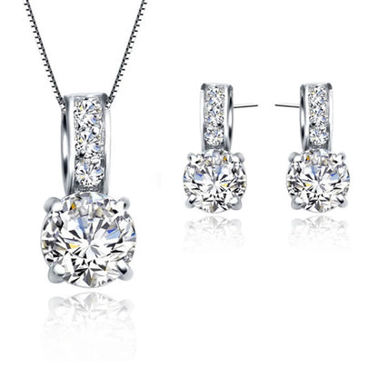 Luckacco 925 Sterling Silver Color Bridal Jewelry Set Classic Cubic Zircon Crystal Pendant  Necklace Stud Earrings for Women Girls Gift
