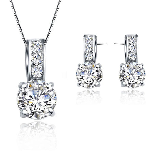 Luckacco 925 Sterling Silver Color Bridal Jewelry Set Classic Cubic Zircon Crystal Pendant  Necklace Stud Earrings for Women Girls Gift
