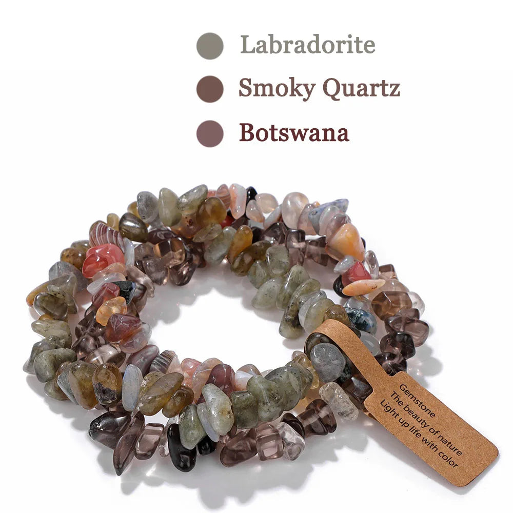luckacco 3pcs natural chip stone bracelet set irregular fluorite quartzs stretch bracelet with tag healing jewelry gifts for women men
