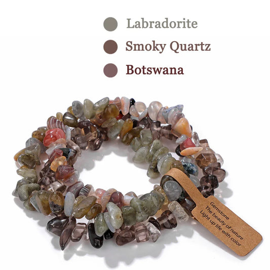 Luckacco 3PCS Natural Chip Stone Bracelet Set Irregular Fluorite Quartzs Stretch Bracelet With Tag Healing Jewelry Gifts For Women Men