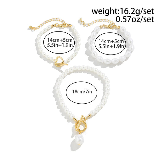 Luckacco Vintage Imitation Pearl Heart OT Buckle Pendant Bracelet for Women Wed Bridal Bead Chain Bangles Couple Hand Jewelry New