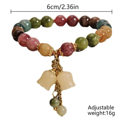 Luckacco Exquisite Natural Stone Bracelet Elegant Lily of The Valley Flower Pendant Elastic Beaded Bracelets for Women Party Jewelry Gift