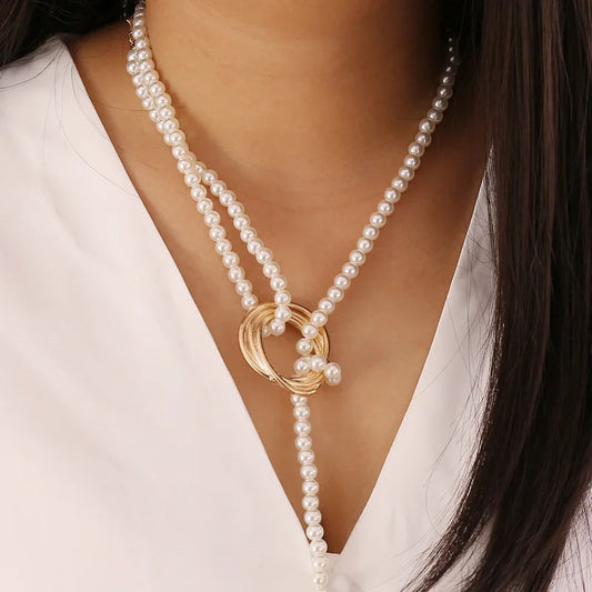 Luckacco Vintage Pearl Pendant Necklace for Women Elegant Beaded Long Tassel Sweater Collar Chain Accessories Temperament Fashion Jewelry