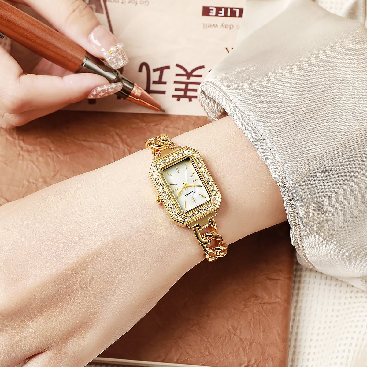 luckacco ladies' high-value fashion bar scale square dial buckle shaped steel strip inlaid with diamonds outer shell quartz watch