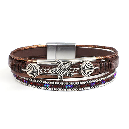 Luckacco ALLYES Charm Starfish Shell Leather Bracelet for Women Men Boho Metal Tube Crystal Beads Chain Bracelets & Bangles Beach Jewelry