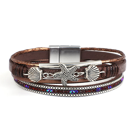 Luckacco ALLYES Charm Starfish Shell Leather Bracelet for Women Men Boho Metal Tube Crystal Beads Chain Bracelets & Bangles Beach Jewelry