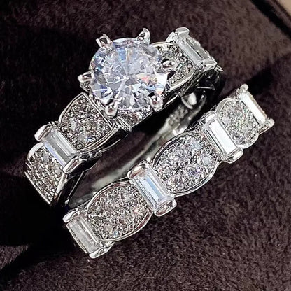Luckacco Gorgeous Silver Color Inlaid with White Stone Rings Set Fashion Round Party Engagement Wedding Rings for Women Jewelry