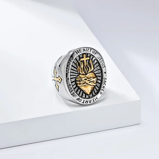 Luckacco Vintage Exorcism Saint Benedict Cspb Cross Ring Men Punk Amulet Christianity Rings Stainless Steel Jewelry Gift