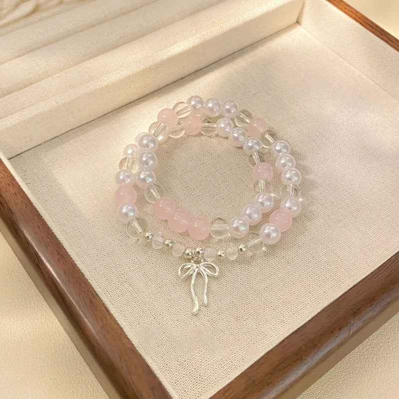 luckacco cute pink beaded imitation pearl bracelet for women girl elegant y2k sweet korean charm bowknot bow jewelry party gifts