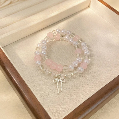 Luckacco Cute Pink Beaded Imitation Pearl Bracelet For Women Girl Elegant Y2k Sweet Korean Charm Bowknot Bow Jewelry Party Gifts