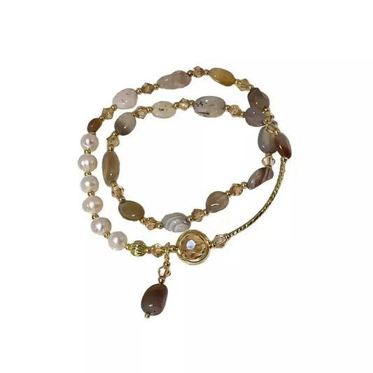 Luckacco 2pcs Set Luxury Natural Stone Pearl Beaded Bracelet for Women Bohemia Charm Crystal Pendant Holiday Jewelry Beach Accessory Gift