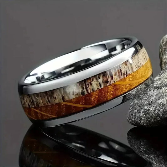 Luckacco Fashion 8mm Men Stainless Steel Rings Silver Color Brushed Deer Antler And Koa Wood Rings for Men Wedding Band Jewelry