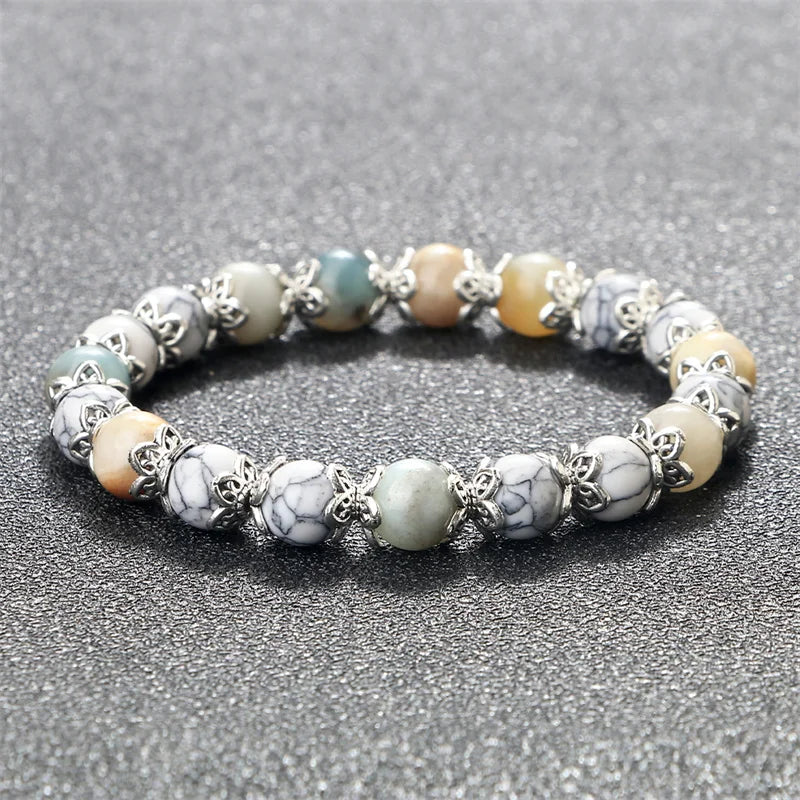 luckacco 8mm white howlite stone women bracelet metal spacer charm natural agates pink rose quartz beads bracelets for men jewelry gifts
