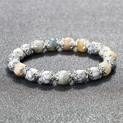 Luckacco 8mm White Howlite Stone Women Bracelet Metal Spacer Charm Natural Agates Pink Rose Quartz Beads Bracelets for Men Jewelry Gifts