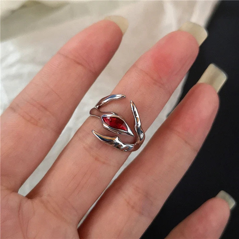 luckacco goth punk retro red crystal love heart cross geometry irregular open ring set y2k halloween accessories for women kpop jewelry