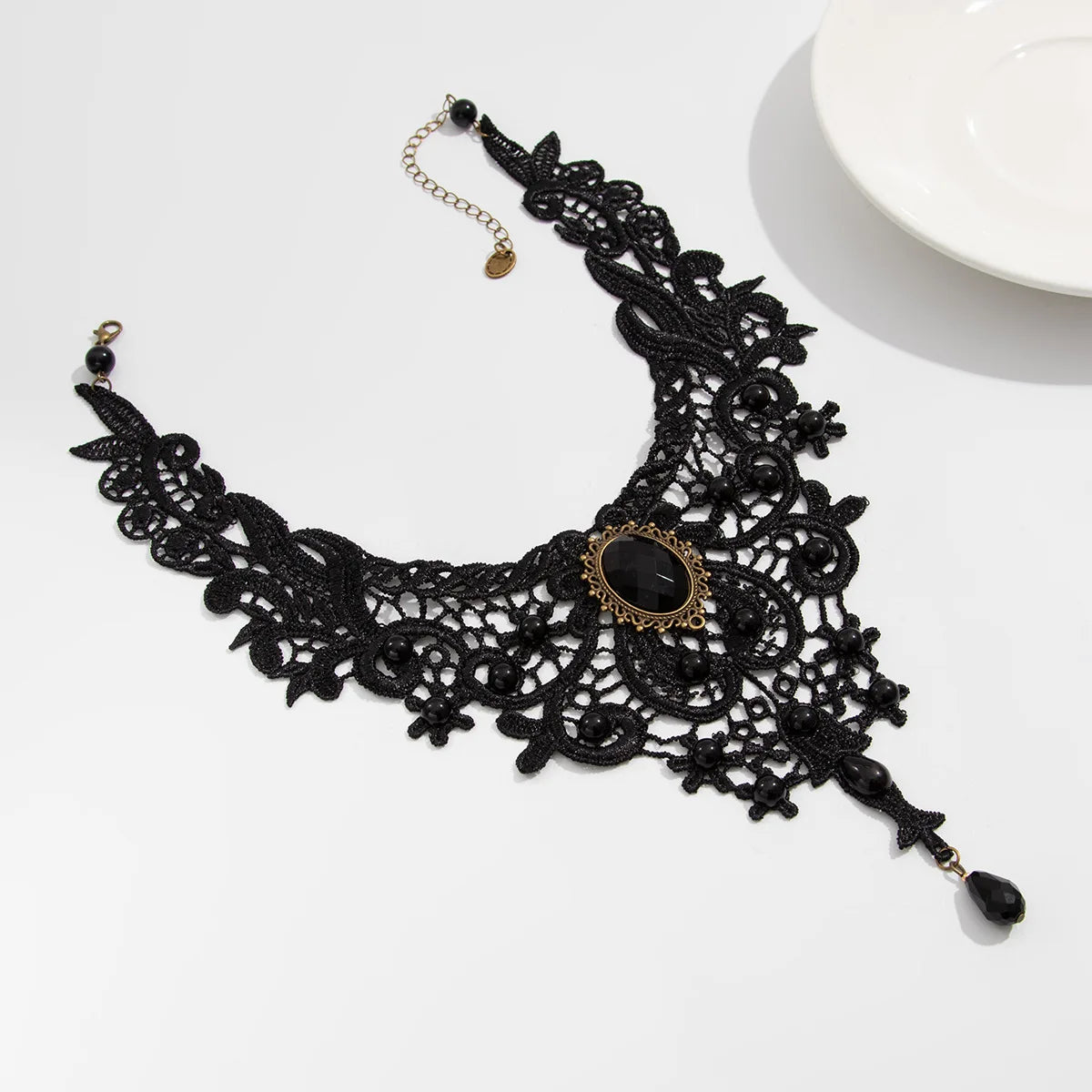 luckacco fashion new vintage gem black lace bead necklace gothic steampunk style stonego gothic collar necklace pendant