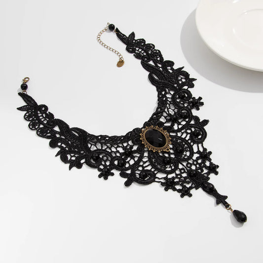 Luckacco Fashion New Vintage Gem Black Lace Bead Necklace Gothic Steampunk Style Stonego Gothic Collar Necklace Pendant