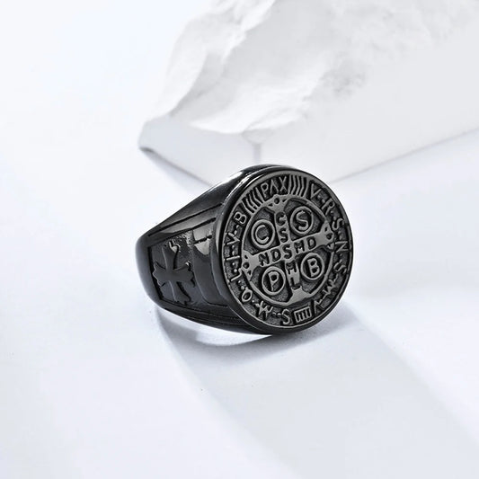 Luckacco Vintage Exorcism Saint Benedict Cspb Cross Ring Men Punk Amulet Christianity Rings Stainless Steel Jewelry Gift