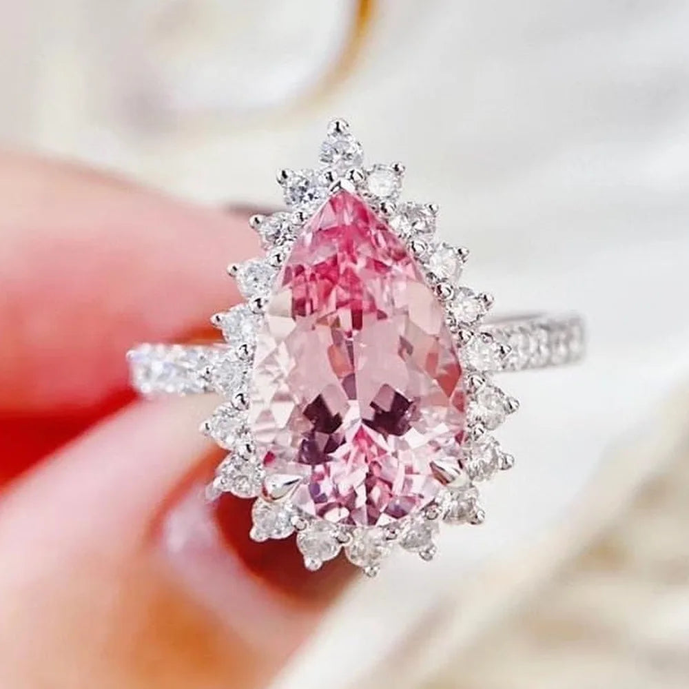 luckacco pink cubic zirconia ring suitable for women's engagement wedding luxury accessories sparkling silver fashion jewelry