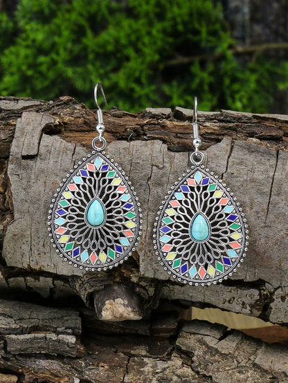Luckacco Ethnic Feng Shui Droplet Hollow Colored Glazed Earrings for Women Bohemian Vacation Short Necklace Jewelry Set