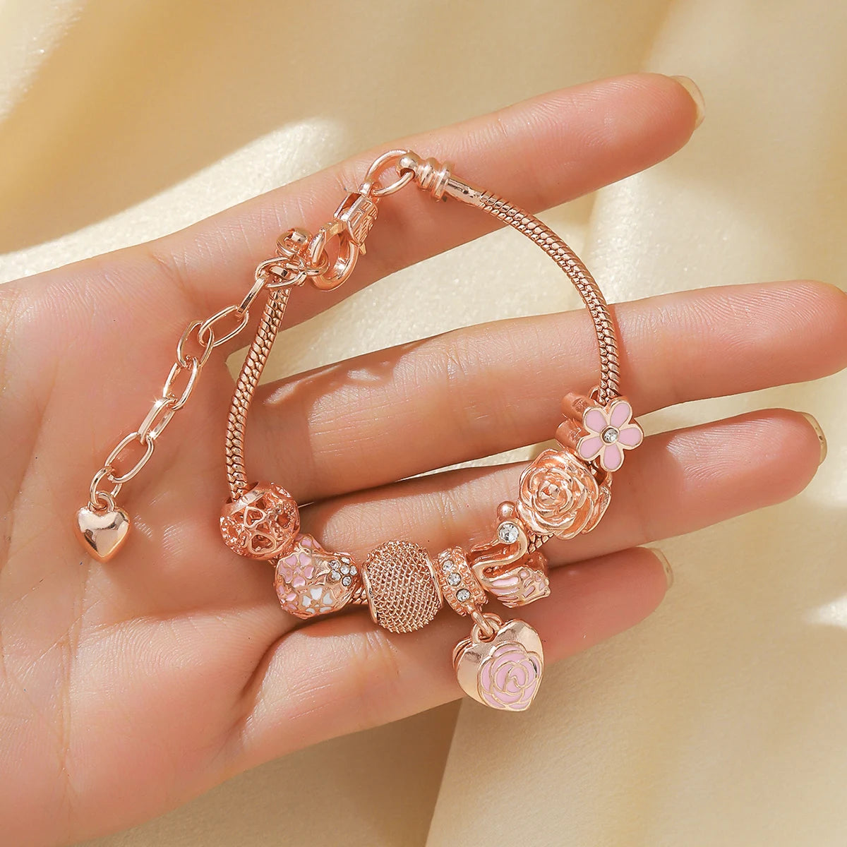 luckacco 1pc fashion multi element accessories drip oil rose love little swan pan family bracelet jewelry daily dressing party gift -7633
