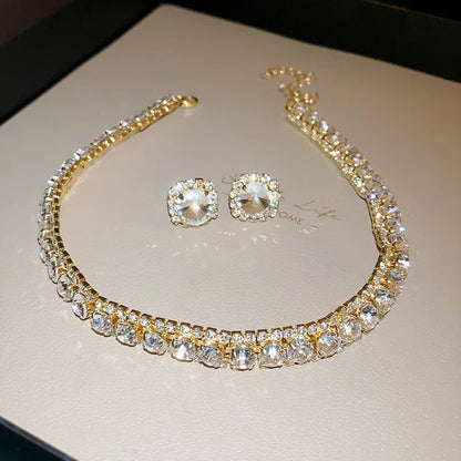 Luckacco Luxury Green Rhinestone Necklace Stud Earrings For Women Crystal Choker Necklaces Ladies Fashion Weddings Banquet Jewelry Set