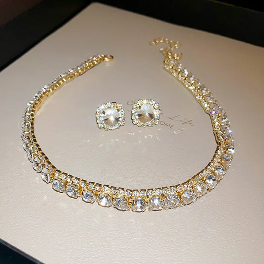 Luckacco Luxury Green Rhinestone Necklace Stud Earrings For Women Crystal Choker Necklaces Ladies Fashion Weddings Banquet Jewelry Set