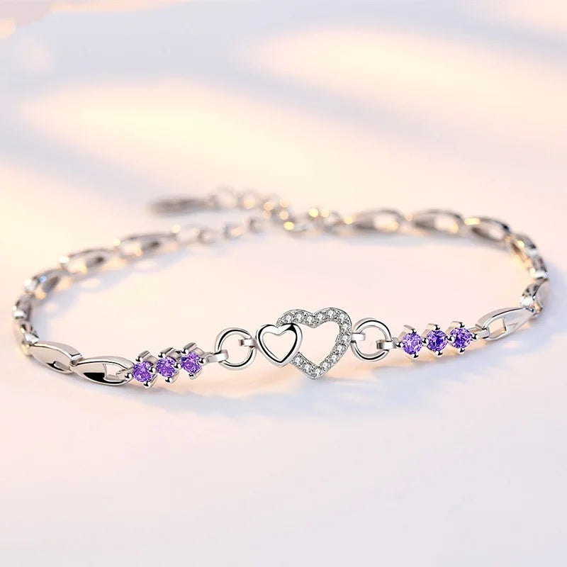 luckacco new 925 sterling silver bracelet purple crystal zircon heart for woman charm bracelet jewelry gift