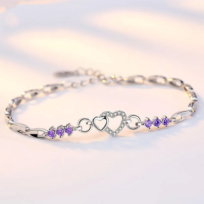 Luckacco New 925 Sterling Silver Bracelet Purple Crystal Zircon Heart For Woman Charm Bracelet Jewelry Gift