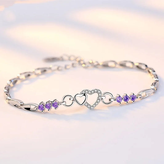Luckacco New 925 Sterling Silver Bracelet Purple Crystal Zircon Heart For Woman Charm Bracelet Jewelry Gift