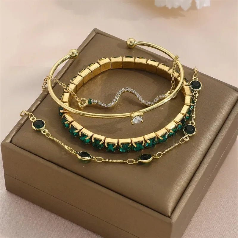 luckacco 4pcs/set fashion snake green gemstone bangle rhinestone full metal bracelets for women birthday party wedding jewerly gifts