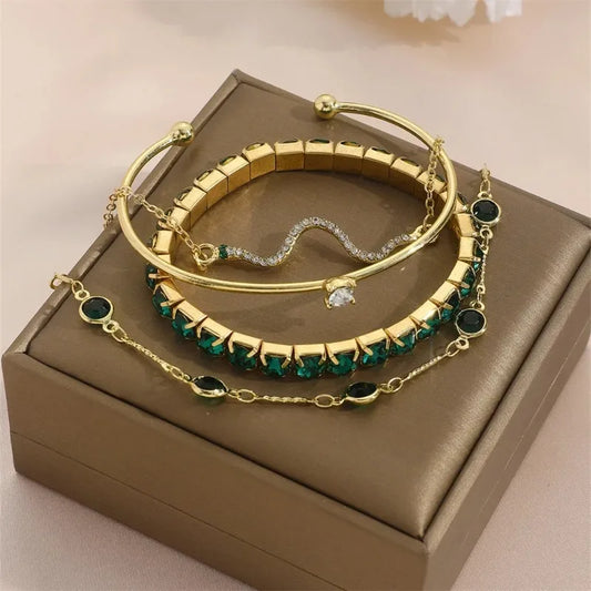 Luckacco 4Pcs/Set Fashion Snake Green Gemstone Bangle Rhinestone Full Metal Bracelets For Women Birthday Party Wedding Jewerly Gifts