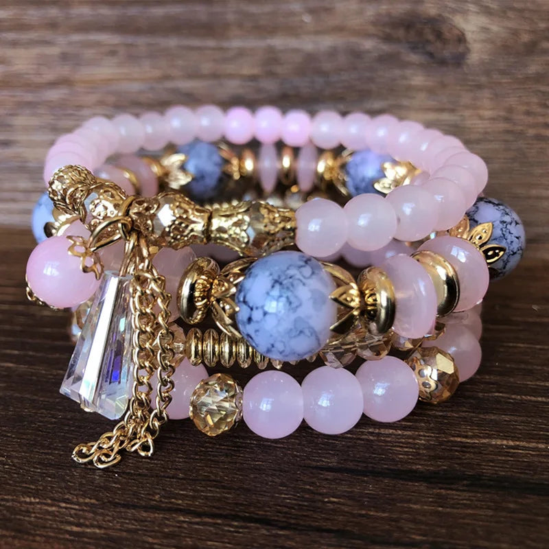 luckacco 4 pieces/set bohemian crystal tassel multi-layer elastic rope bracelet, handmade beaded bracelet, women's fashion accessories