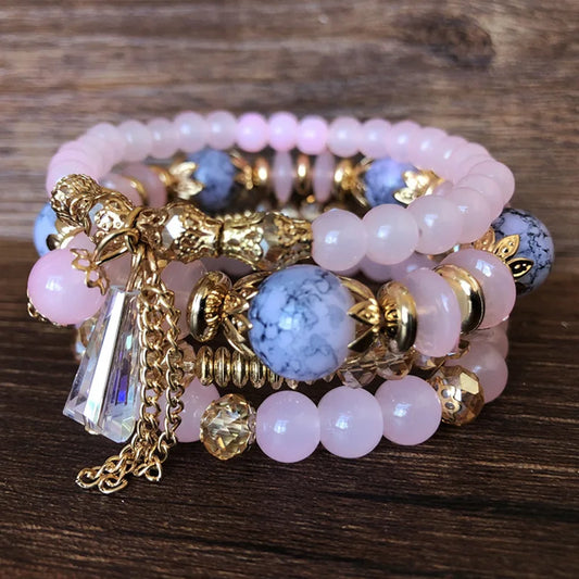 Luckacco 4 pieces/set Bohemian crystal tassel multi-layer elastic rope bracelet, handmade beaded bracelet, women's fashion accessories