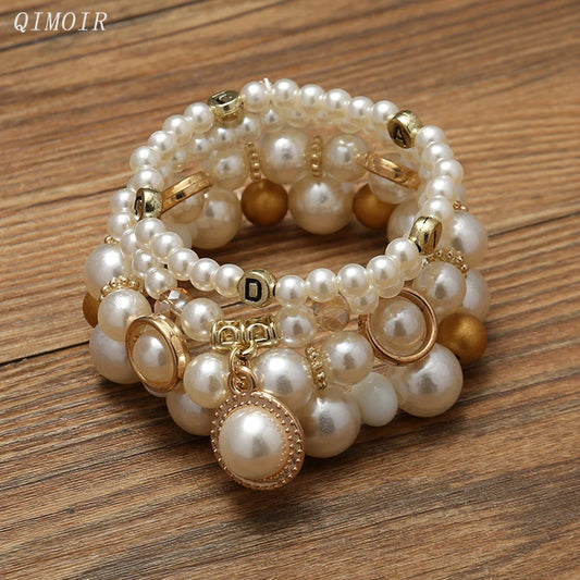 Luckacco Imitation Pearl Stretch Bead Bracelets Set For Women Metal Adjustable Elastic Charms Vintage Strand Girls' Fashion Jewelry C1306