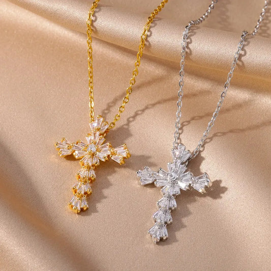 Luckacco Luxury Zirconia Cross Pendant Necklace for Women Zircon Crystal Stainless Steel Chain Charm New Trend Aesthetic Jewerly collares