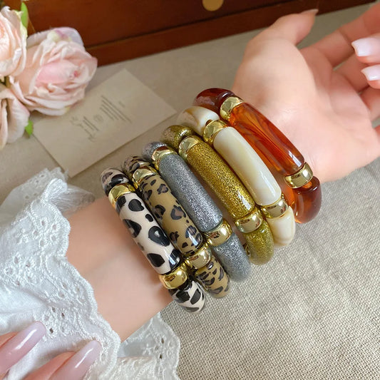 Luckacco Splicing Bamboo Tube Acrylic Smudging Bangles for Women Men Fashion Geometric Elastic Bracelets Bangles Jewelry Couple Gifts F
