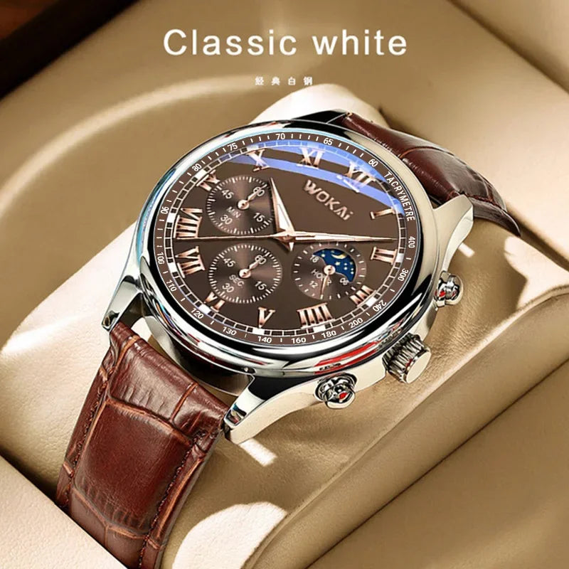 luckacco fashion business watches fake three-eye roman numerals dial clock leather strap quartz watch for men wristwatch часы мужские