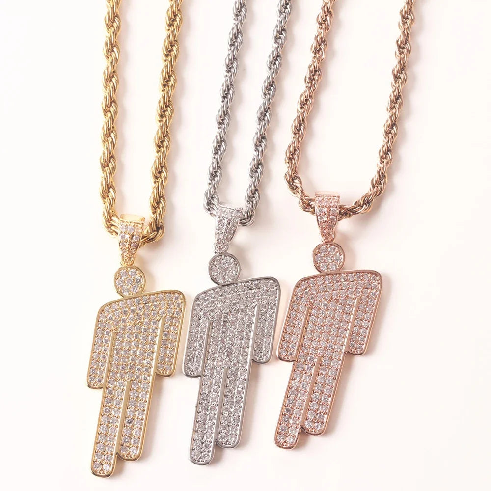 luckacco hip hop necklace,stainless steel round head zircon couple pendant necklace,skew head pendant full of zircon chaoren necklace