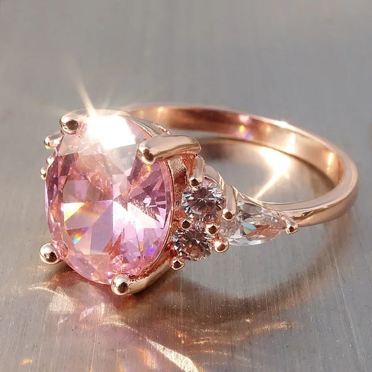 Luckacco Big Oval Stone Pink Zircon Ring Female Luxury Crystal Engagement Rings For Women Vintage Rose Gold Silver Color Wedding Jewelry