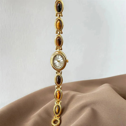 Luckacco Women's Gold Watch Vintage Brown Jade Bracelet Small Dial Quartz Daily Wear Party Clock Luxury Waterproof Ladies Watches Gifts