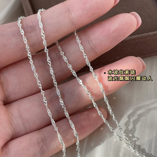 Luckacco 50cm 925 Sterling Silver Sparkling Water Wave Chains Necklace Smooth Choker Simple Women For Girls Wedding Gift Fine Jewelry