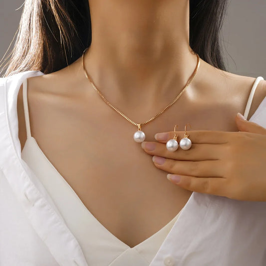 Luckacco Vintage Imitation Pearl Pendant Necklace Earring Set for Women Girl Gold Silver Color Chain Jewelry Simple Wedding Birthday Gift