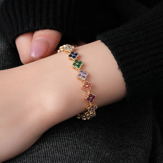 Luckacco Classic Fashion Colored Crystal Flower Lucky Bracelet Women Personalized New Stainless Steel Bracelet Party Jewelry Accessories