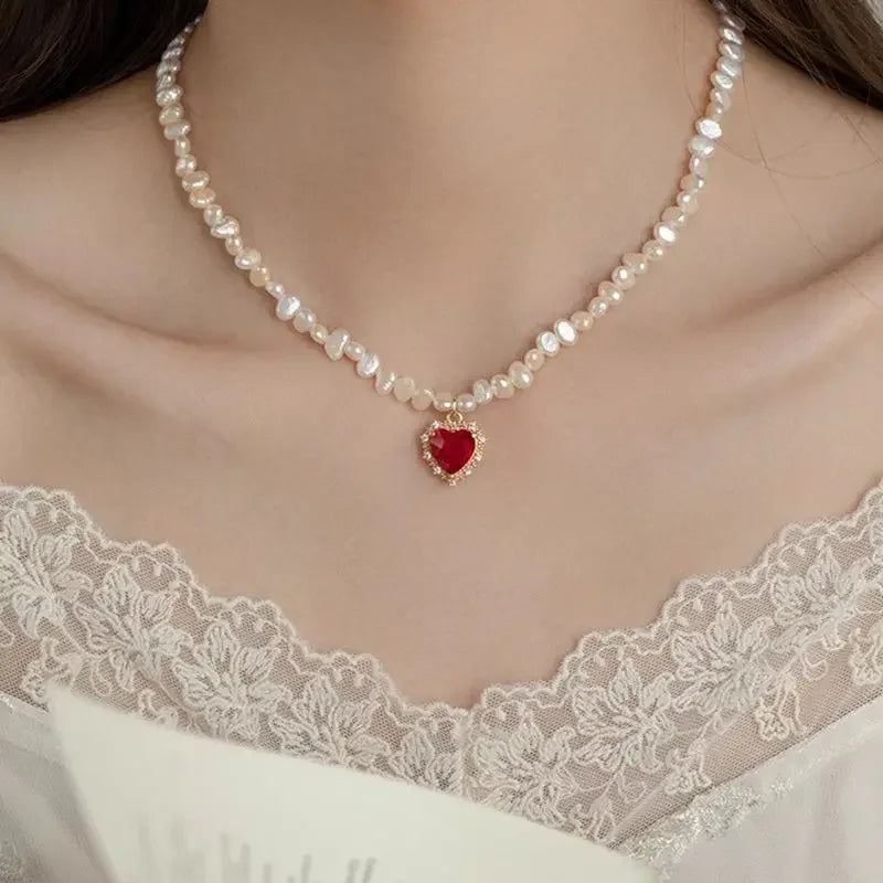 luckacco hot sale irregular freshwater pearl red cz zircon heart pendant necklaces for women 14k real gold plated copper choker