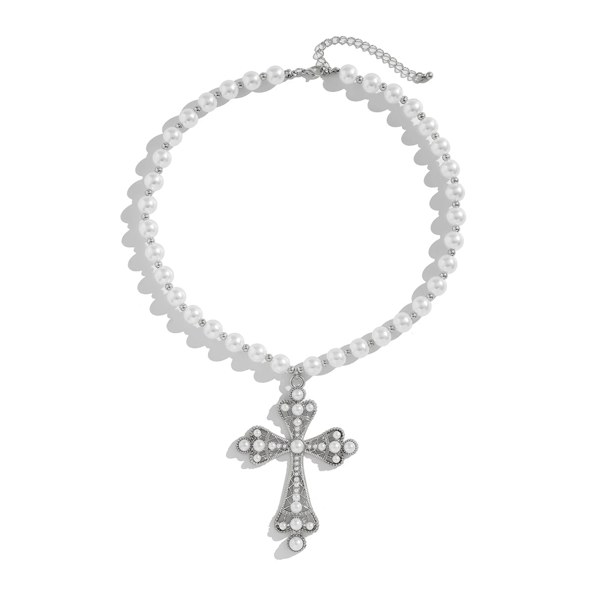 luckacco ingemark vintage creative big imitation pearl jesus cross pendant choker necklace for men luxury adjustable chain grunge jewelry